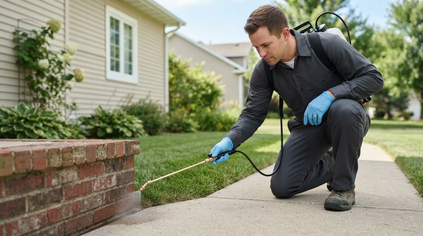 Pest control technician treating a home near Roodhouse, IL
