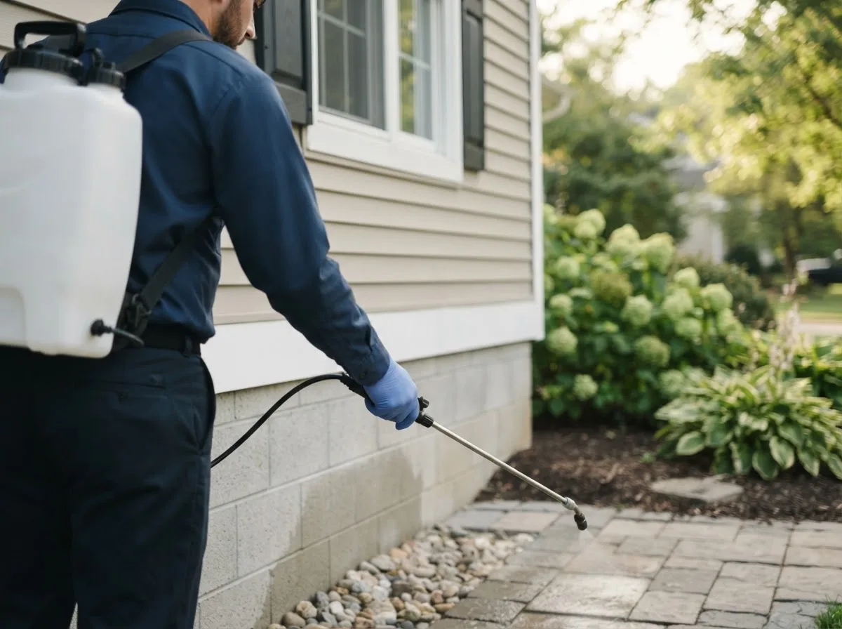 Pest control technician inspecting a home in Roodhouse, IL